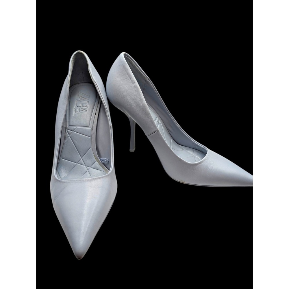 Baby Blue Leather Pointed Toe Stiletto Pumps Zara Heels Size 37 - Picture 11 of 11